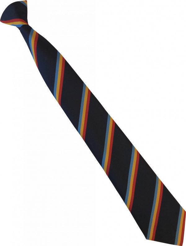 Navy Blue with Sky, Gold and Red Stripes Clip On Tie