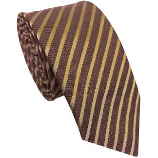 Men's 100% Silk Skinny Tie (Brown with Gold Stripe)