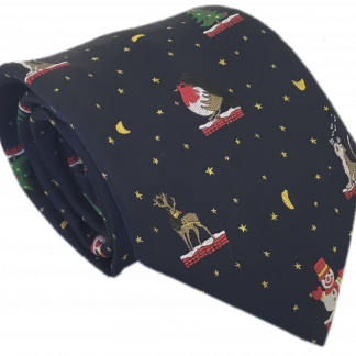 Mens Navy Blue Christmas Woven Neck Tie (Santa, Robin, Christmas Tree, Snowman, Reindeer
