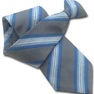 Men's 100% Silk Clip On Tie (Grey with Blue and White Stripes)