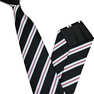 Men's Striped Clip On Tie (Black and White with Thin Red Stripes)