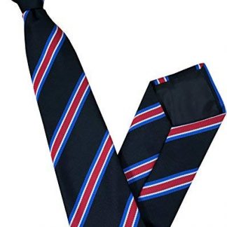 Men's Striped Clip On Tie (Black with Red, Blue & White Stripes)