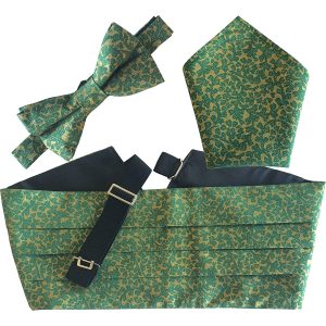Christmas Green with Gold Leaves Bow Tie, Hanky and Cummerbund Set (Adult)