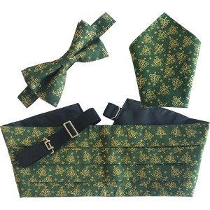 Christmas Green with Gold Trees Bow Tie, Hanky and Cummerbund Set (Adult)