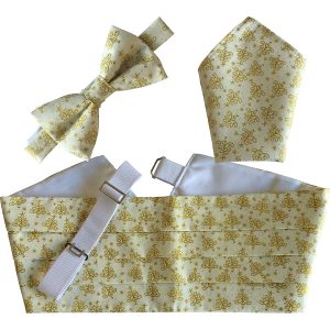 Christmas White with Gold Trees Bow Tie, Hanky and Cummerbund Set (Adult)