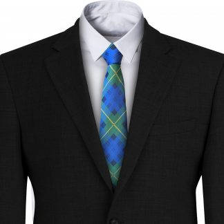 Tartan Mens Tie Royal Blue + Emerald Green + Yellow Highland Check Plaid