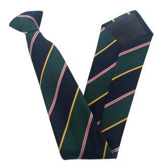 Navy Blue and Bottle Green Clip On Tie (Yellow, Red and White Stripes)