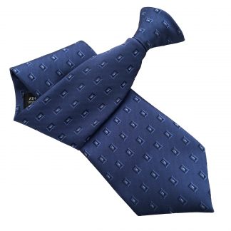 Dark Blue Clip On Tie with Navy Blue and White Rectangles Pattern