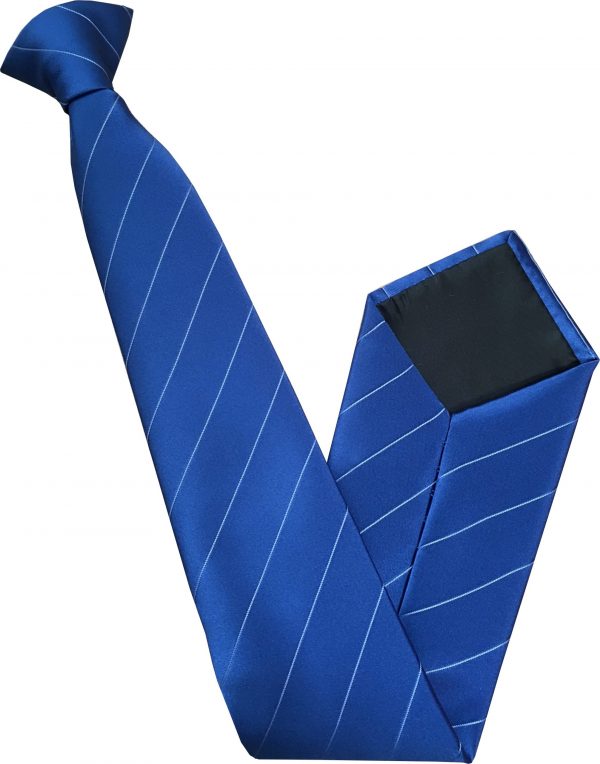 Blue satin Clip On Tie with Pinline White Stripes