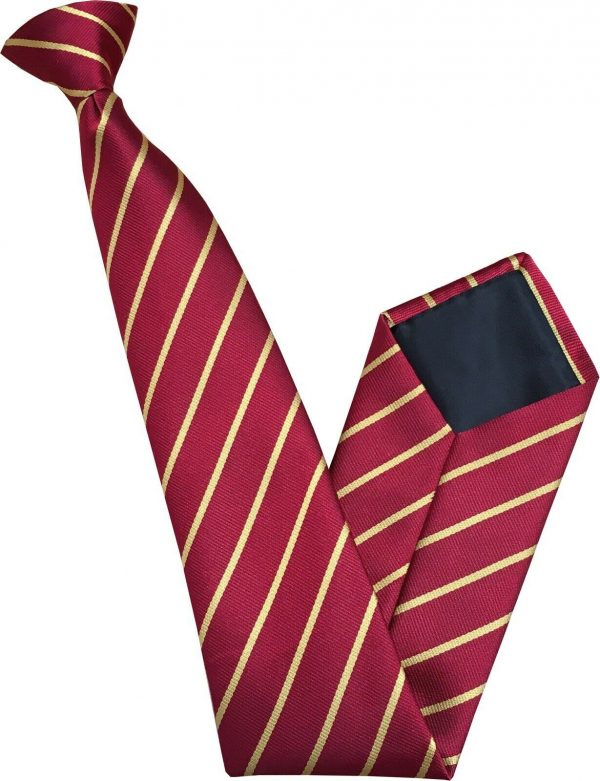 Red Clip On Tie Narrow Gold Stripes