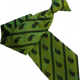 Mens 100% Silk Clip On Tie Green with Black Paisley Stripe