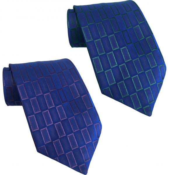 Mens Royal Blue Satin Mens Tie with Green or Purple Rectangles