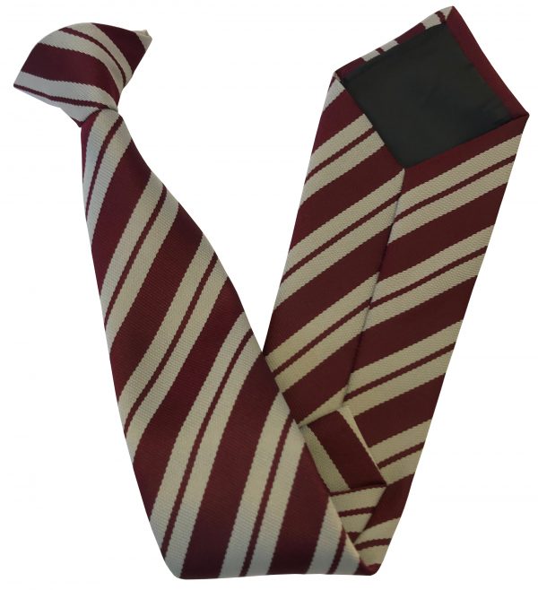 Mens Clip On Ties Maroon with Double Broad Cream Stripes