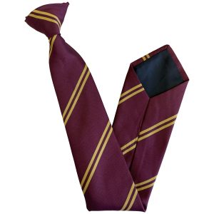 Mens Clip On Tie Maroon with Double Gold Stripes