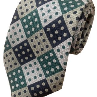 Mens Domino Check Tie 100% Silk Navy Green Grey