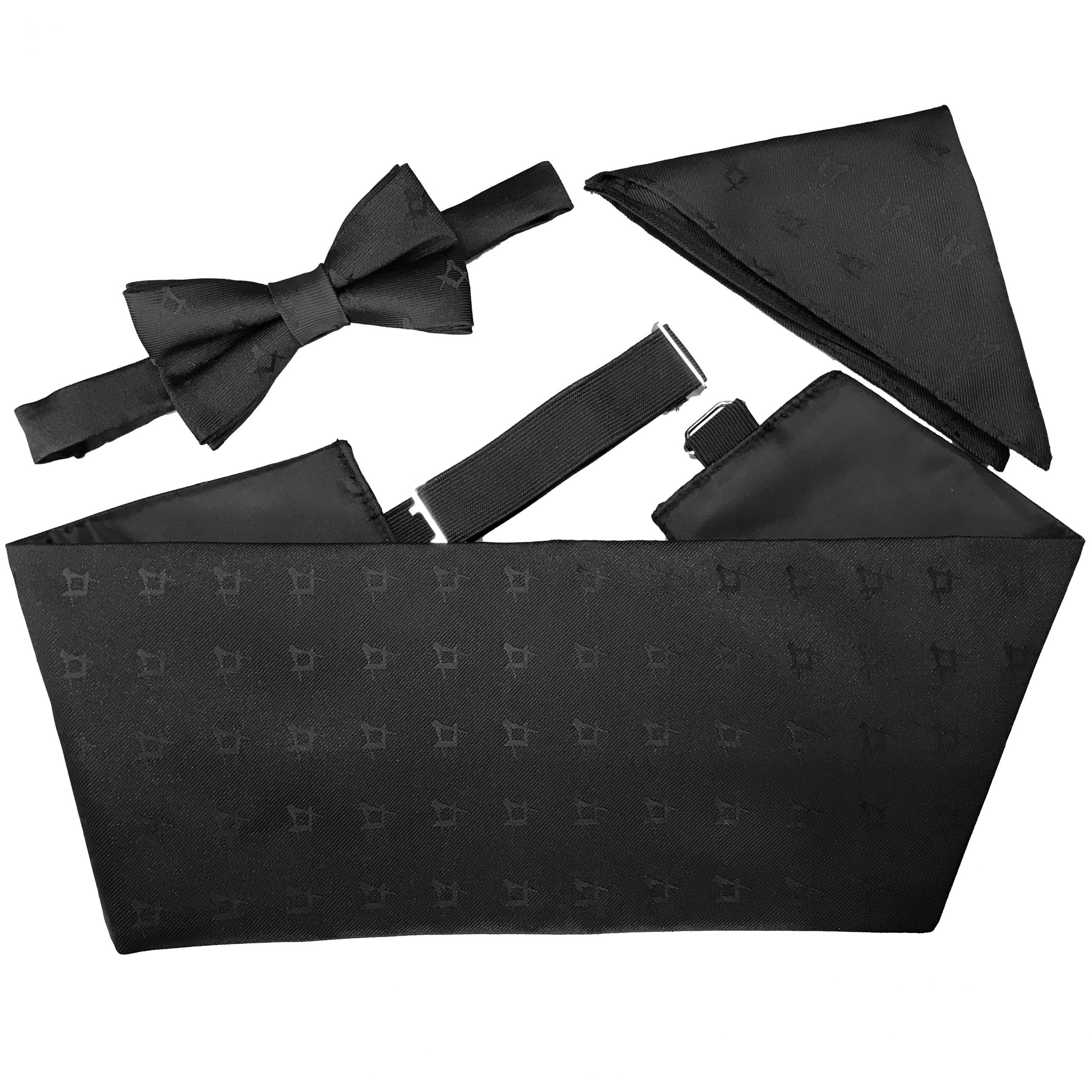 Black Masonic Bow Tie, Hanky and Cummerbund Set (Adult)