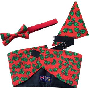 Christmas Bold Red Holly Bow Tie, Hanky and Cummerbund Set (Adult)