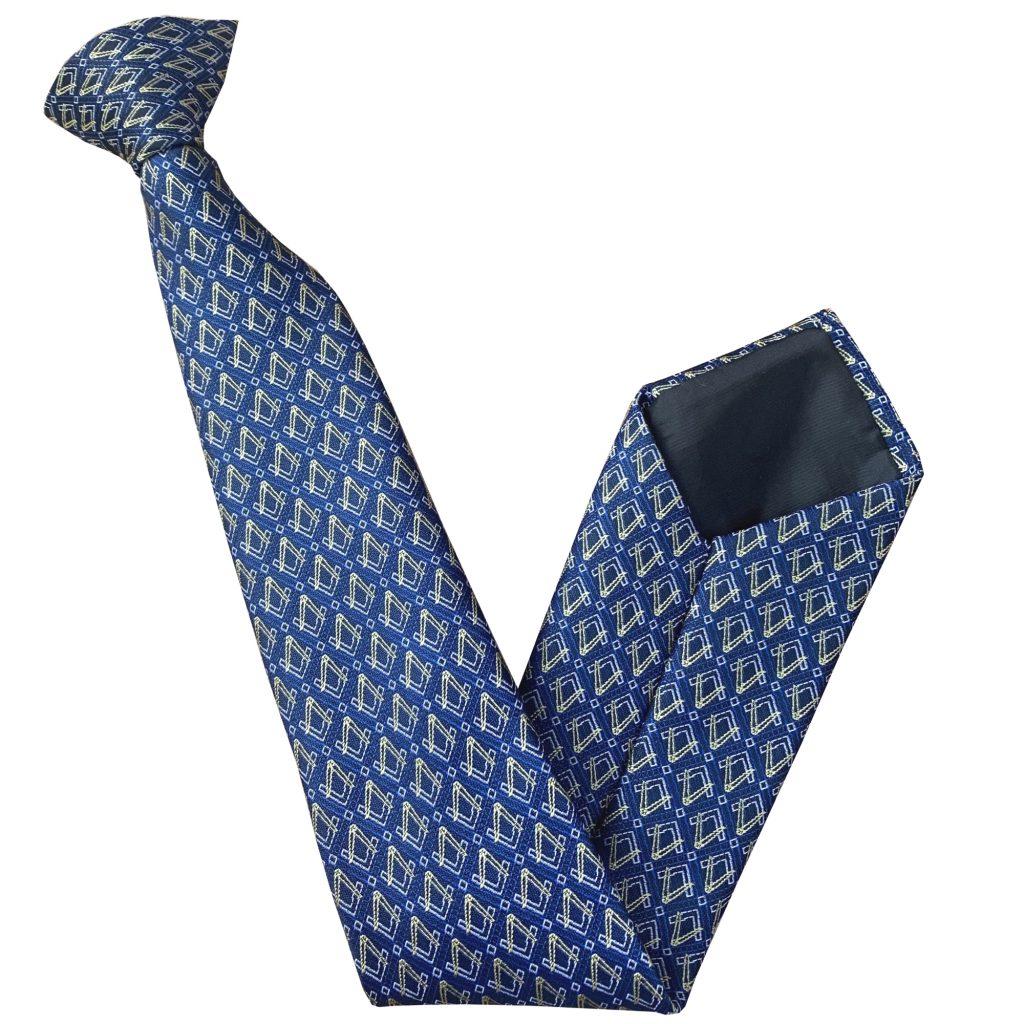 Mens Blue Mason Clip On Tie with Masonic Symbols. Measures 20 inches long from the top of the knot to the tip of the tie