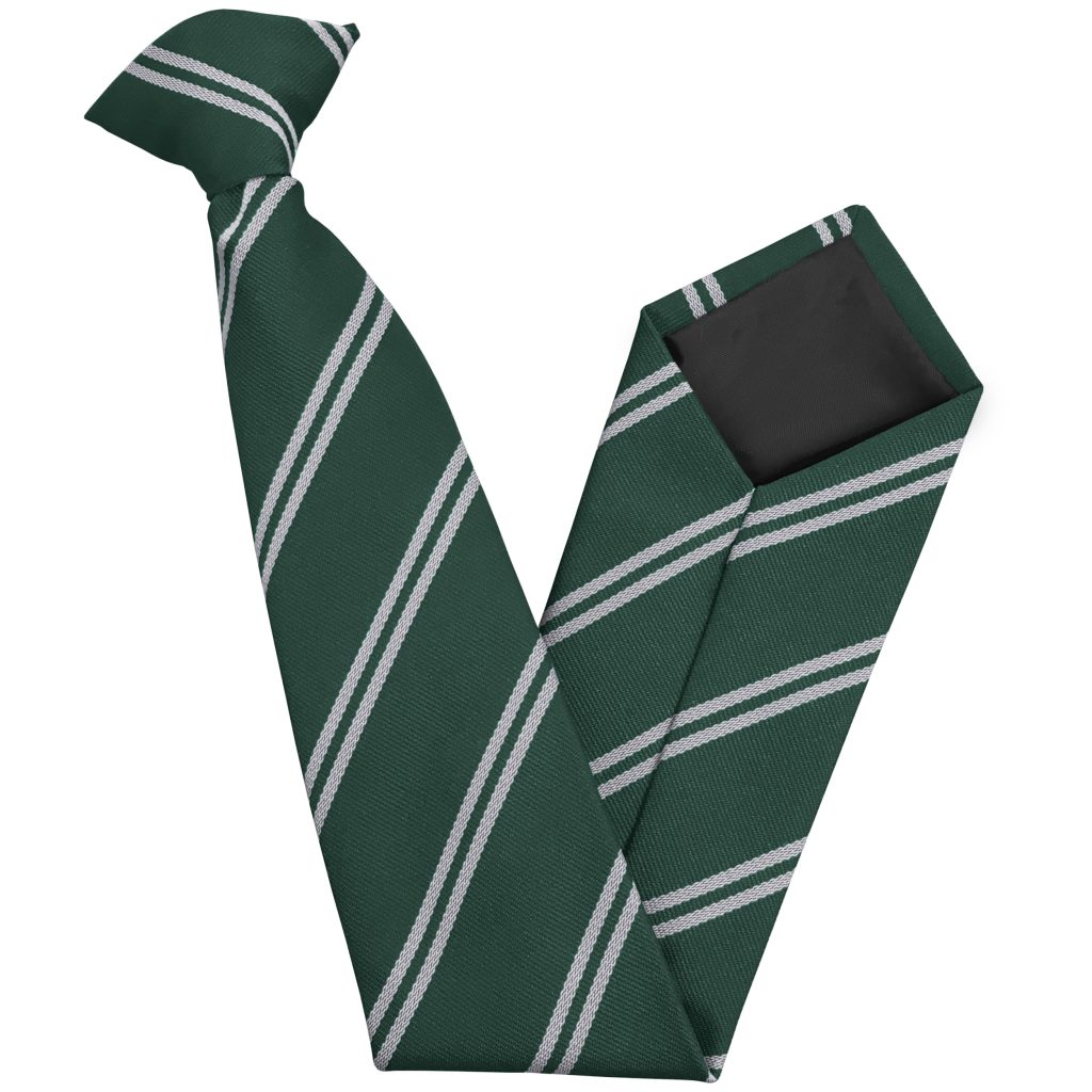 Bottle Green and White (Silver) Double High School Clip On Tie