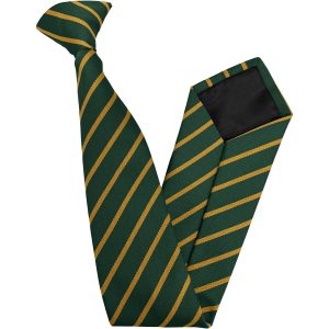 Bottle Green and Gold Single Narrow Stripe High School Clip On Tie