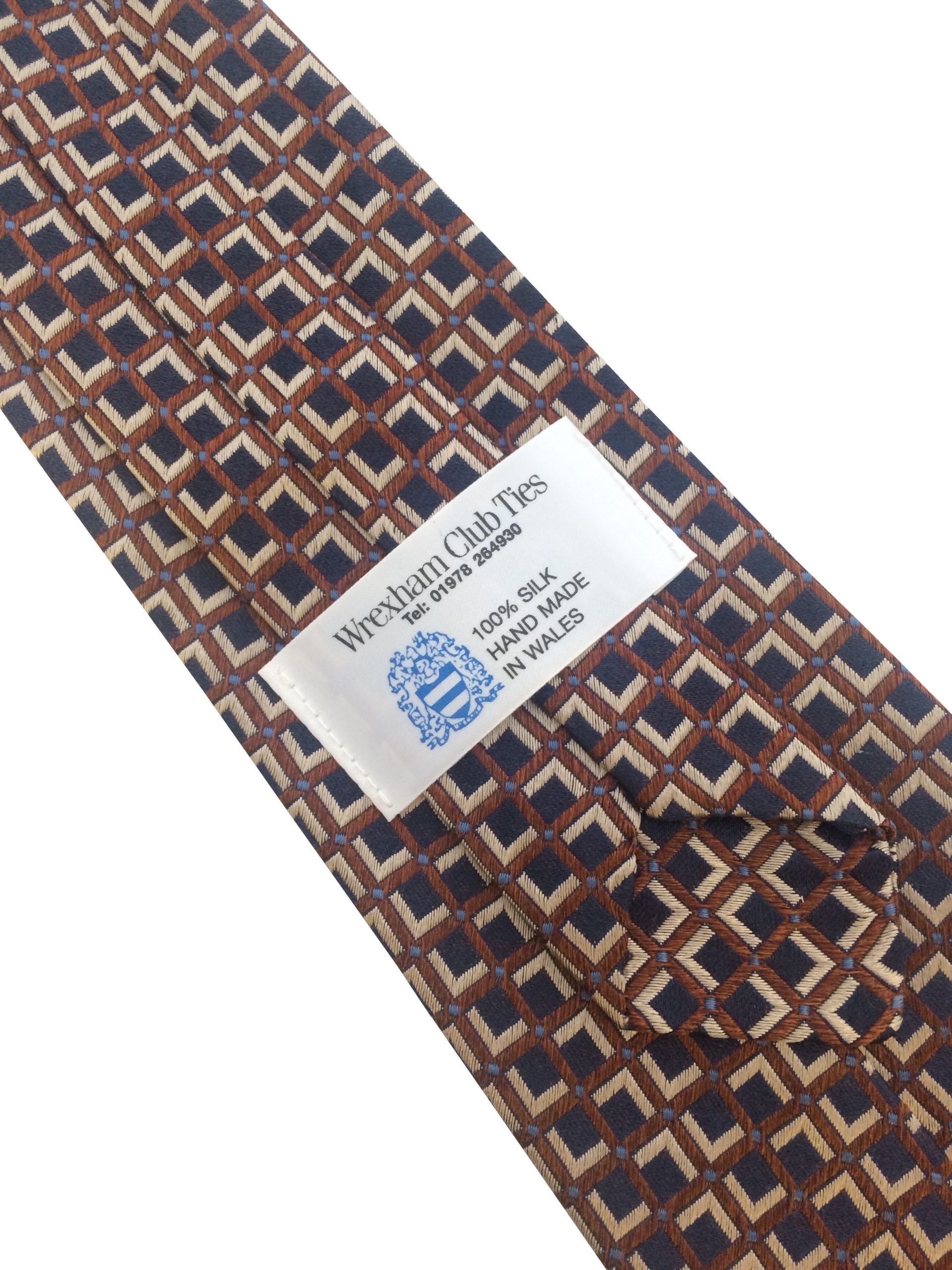 Navy Blue Clip On Tie with Copper Check and Tan Inlay Lethen Silk - Image 2