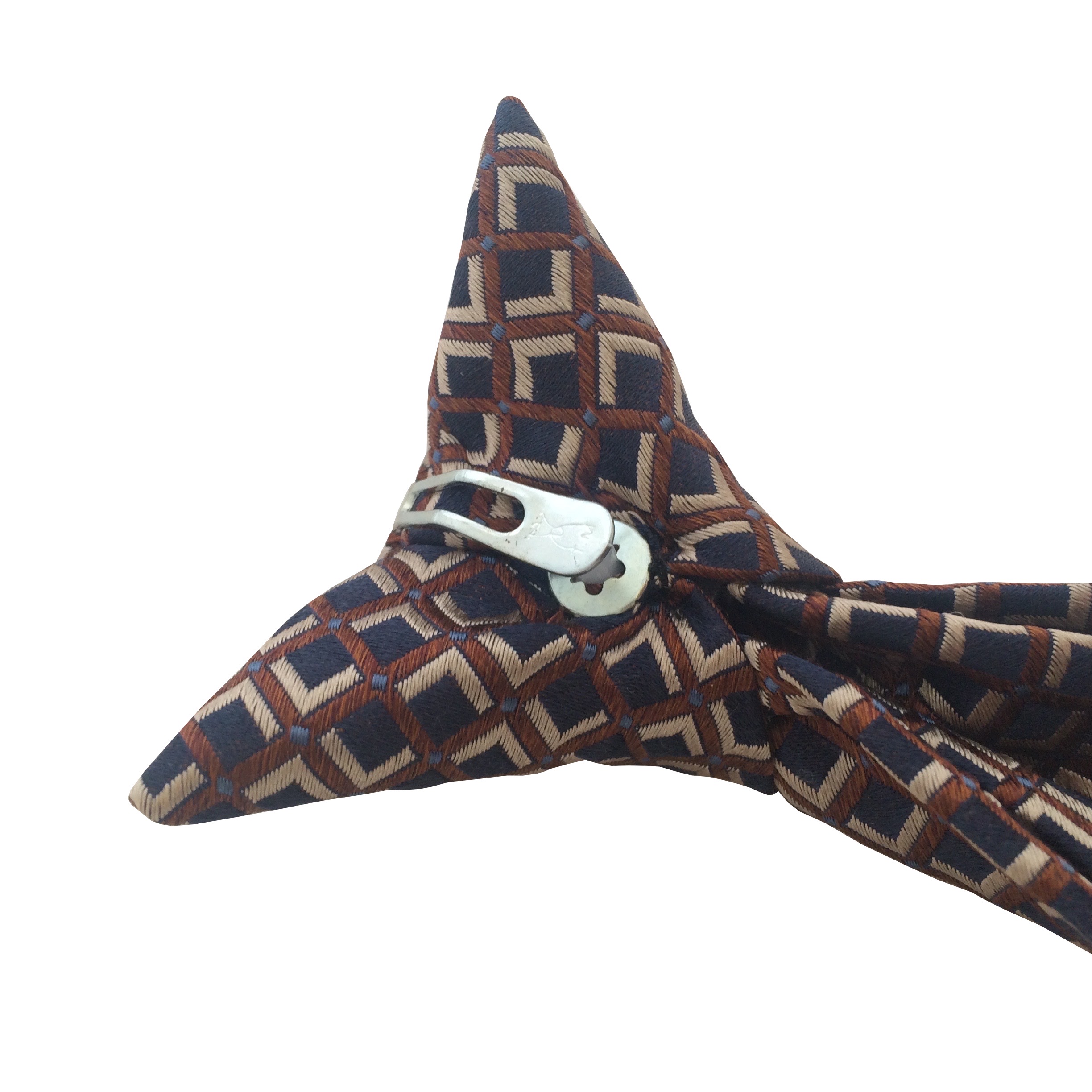 Navy Blue Clip On Tie with Copper Check and Tan Inlay Lethen Silk - Image 3