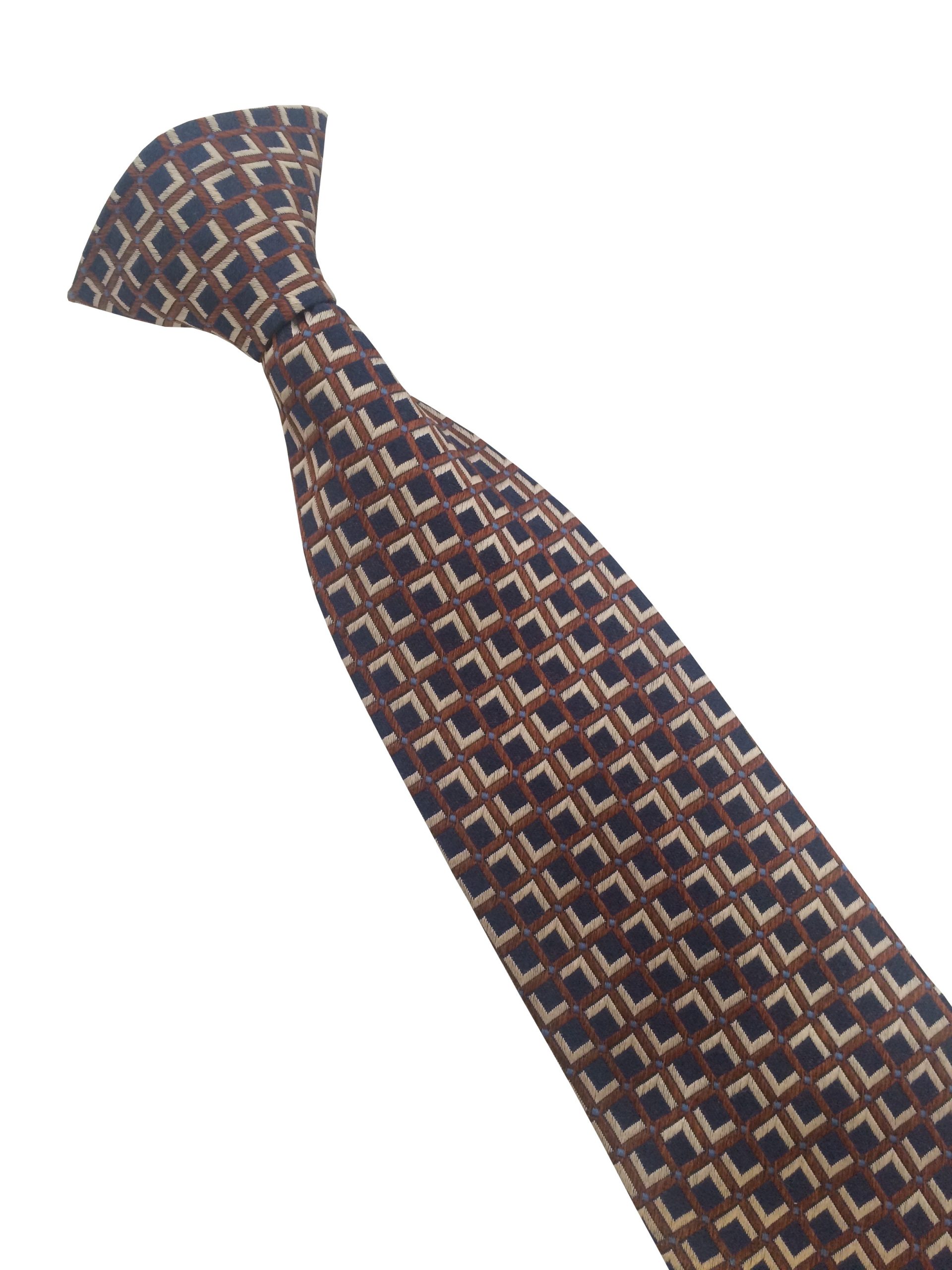 Navy Blue Clip On Tie with Copper Check and Tan Inlay Lethen Silk - Image 4