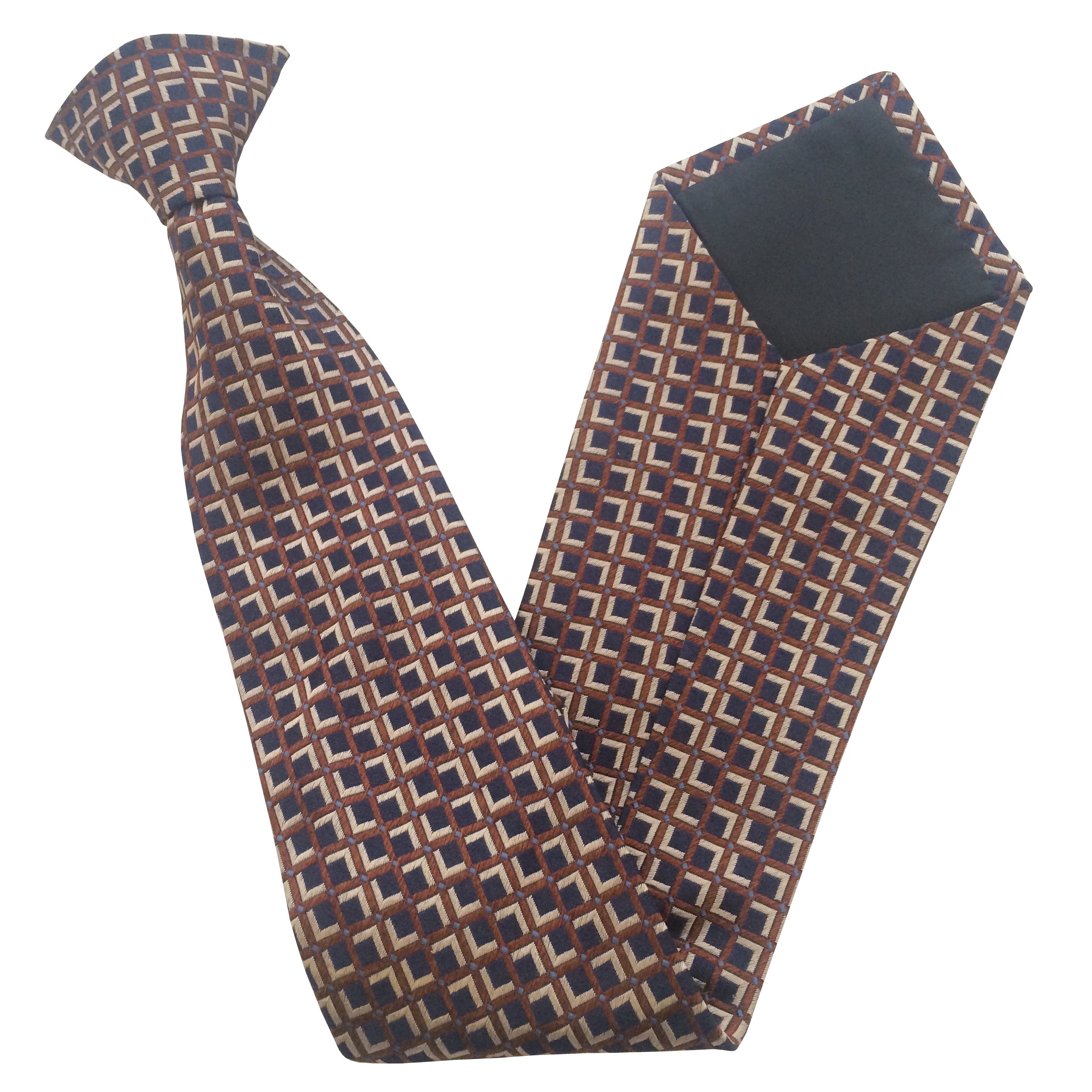 Navy Blue Clip On Tie with Copper Check and Tan Inlay Lethen Silk