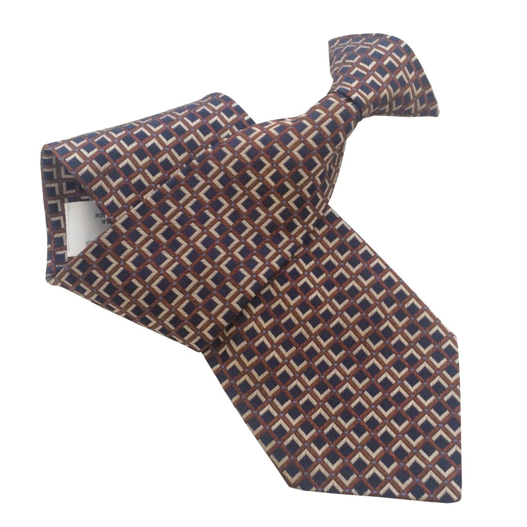 Navy Blue Clip On Tie with Copper Aztec Design and Tan Inlay Lethen Silk