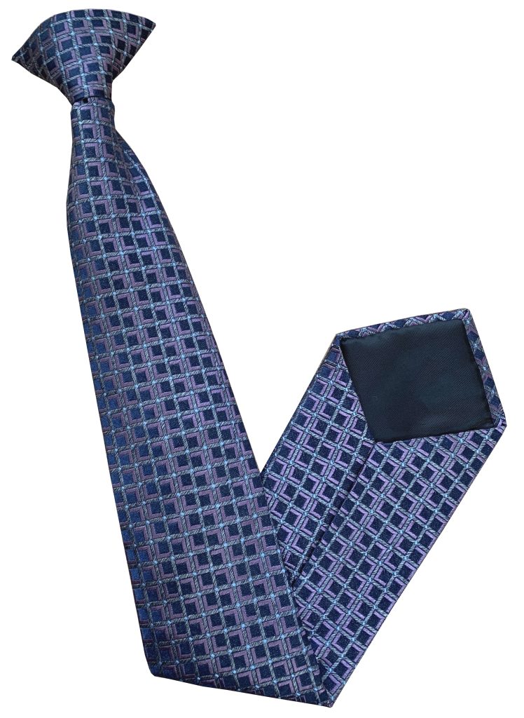 Navy Blue Clip On Tie with Silver Aztec Design and Purple Inlay Lethen Silk