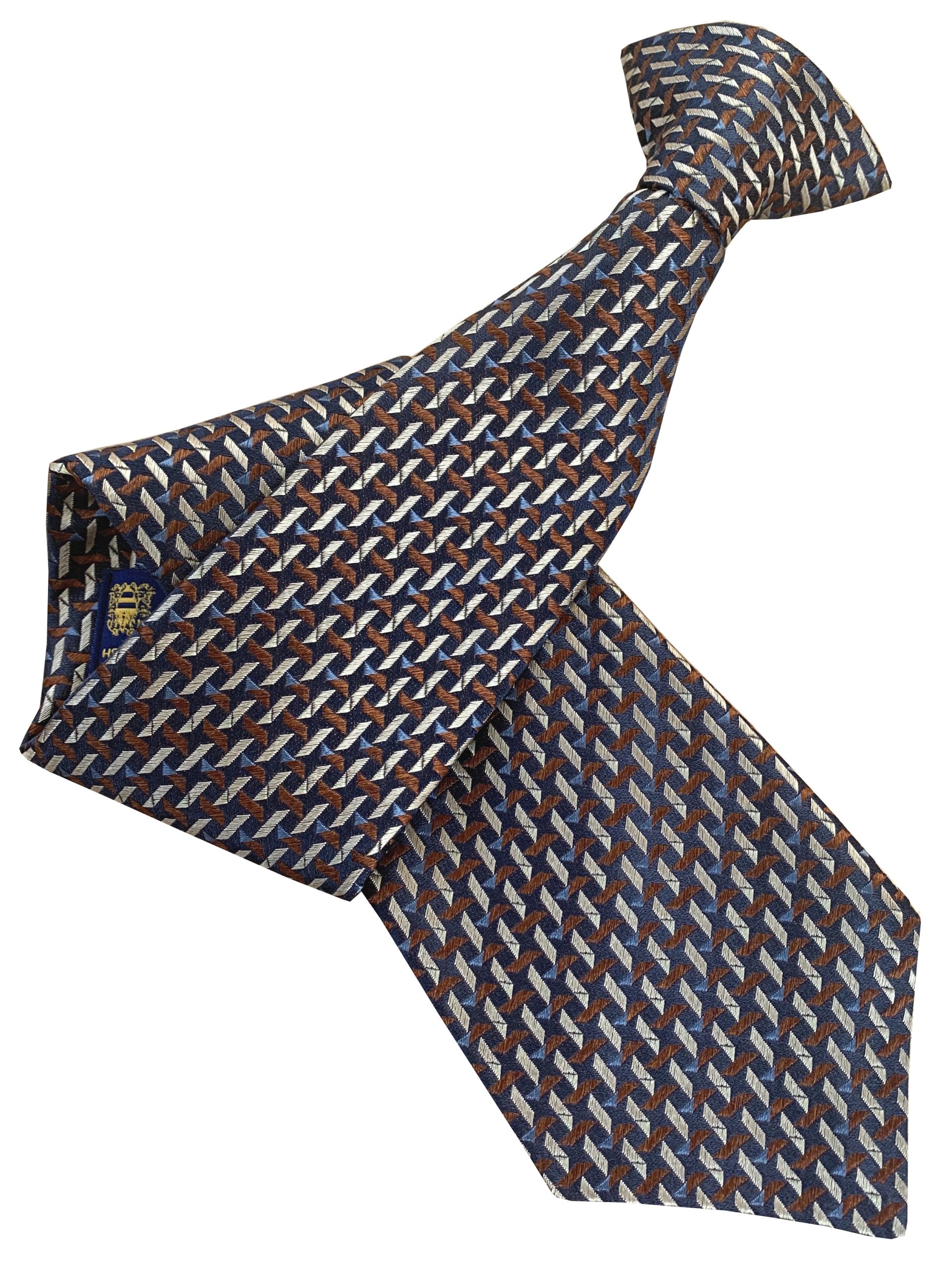 Navy Blue Clip On Tie with Copper and Tan Treadplate Pattern Lethen Silk