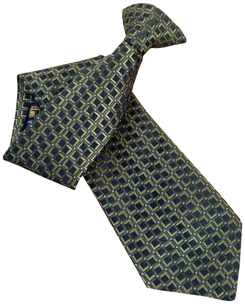 Navy Blue Clip On Tie with Green Check and Lime Inlay Lethen Silk