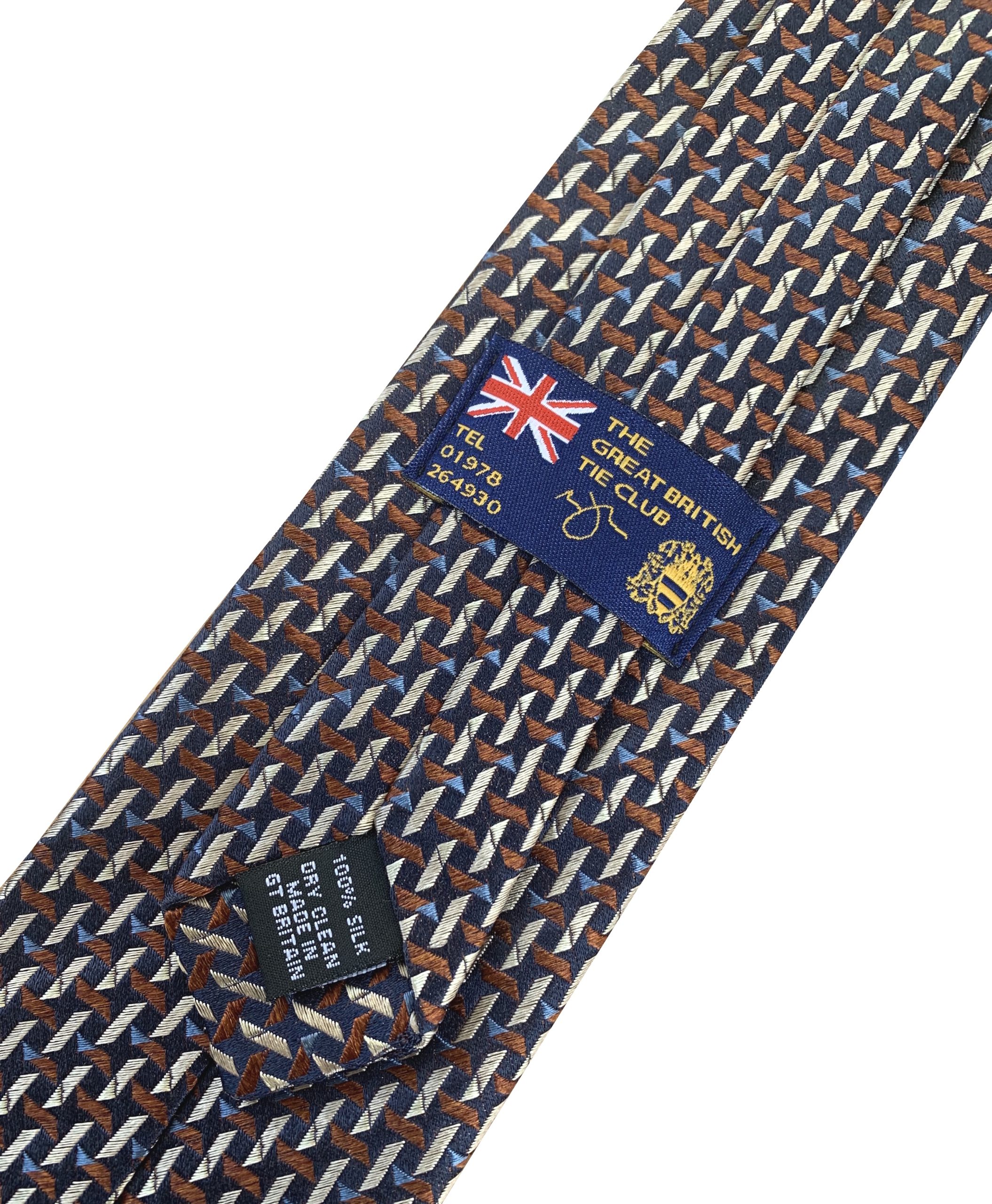 Navy Blue Clip On Tie with Copper and Tan Treadplate Pattern Lethen Silk - Image 2