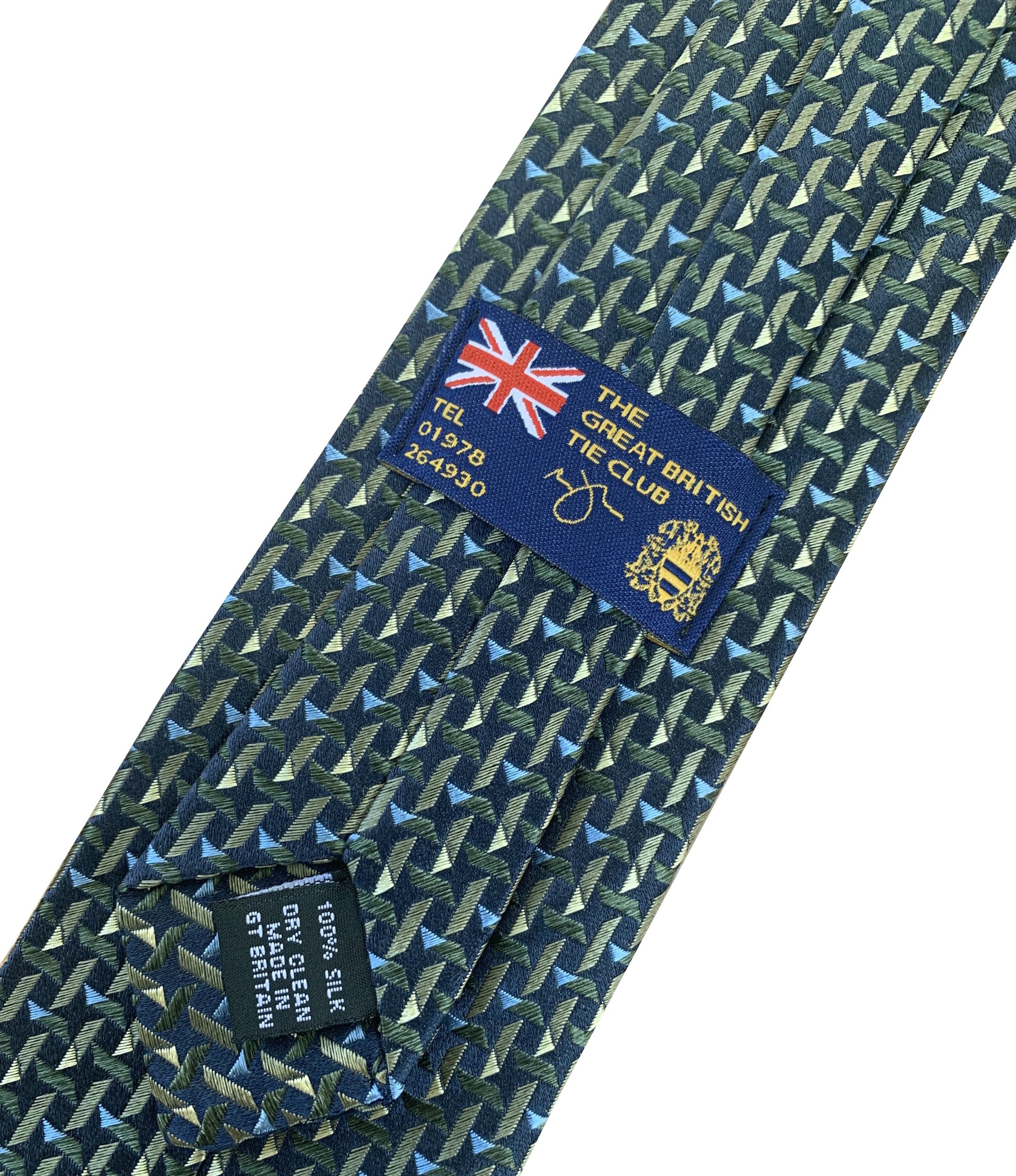 Navy Blue Clip On Tie with Green and Lime Treadplate Pattern Lethen Silk - Image 2