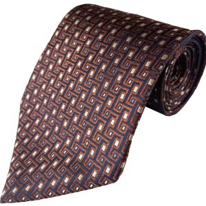 Navy Blue Kipper Tie with Copper Aztec Design and Tan Inlay Lethen Silk