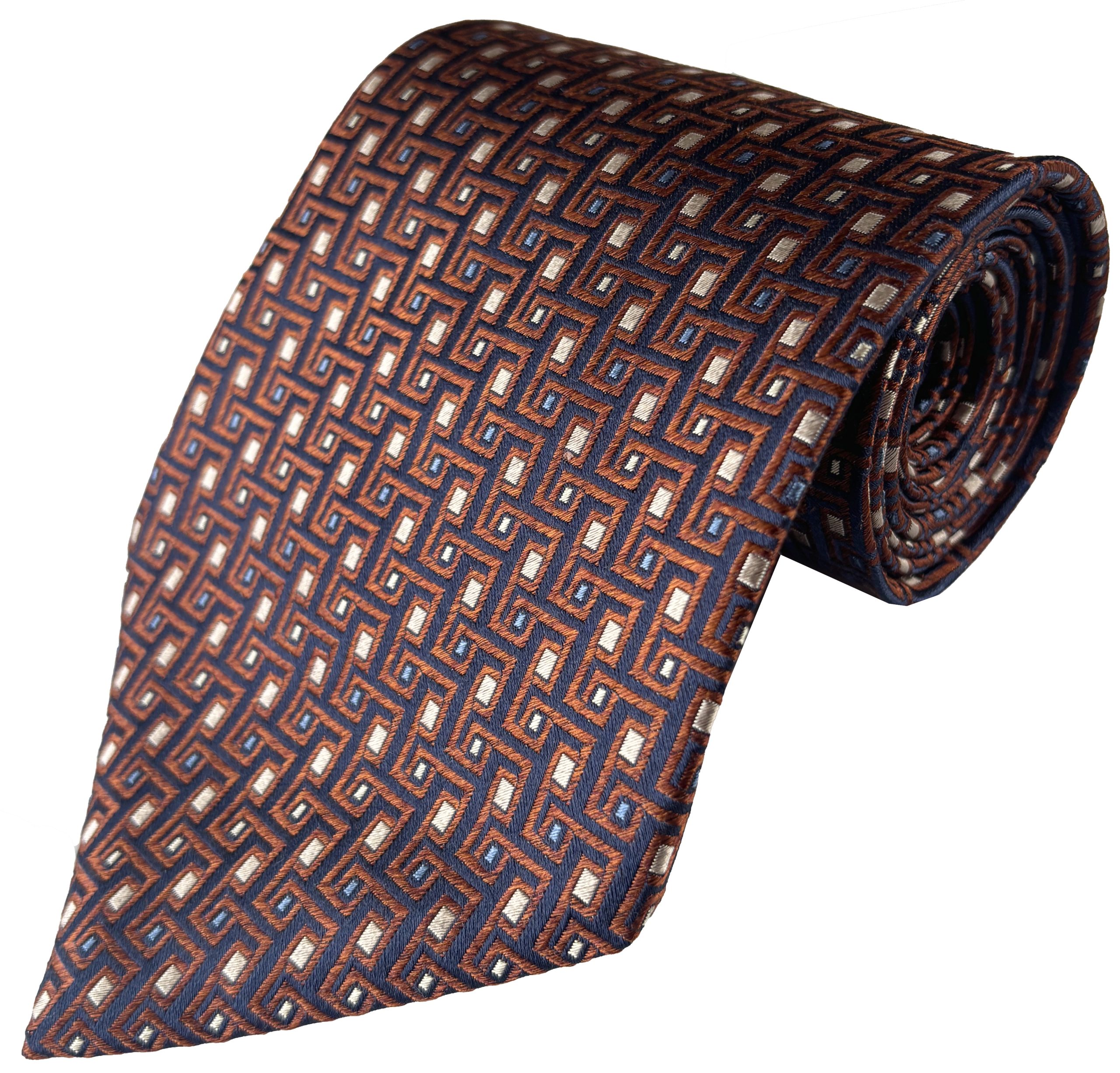 Navy Blue Kipper Tie with Copper Aztec Design and Tan Inlay Lethen Silk