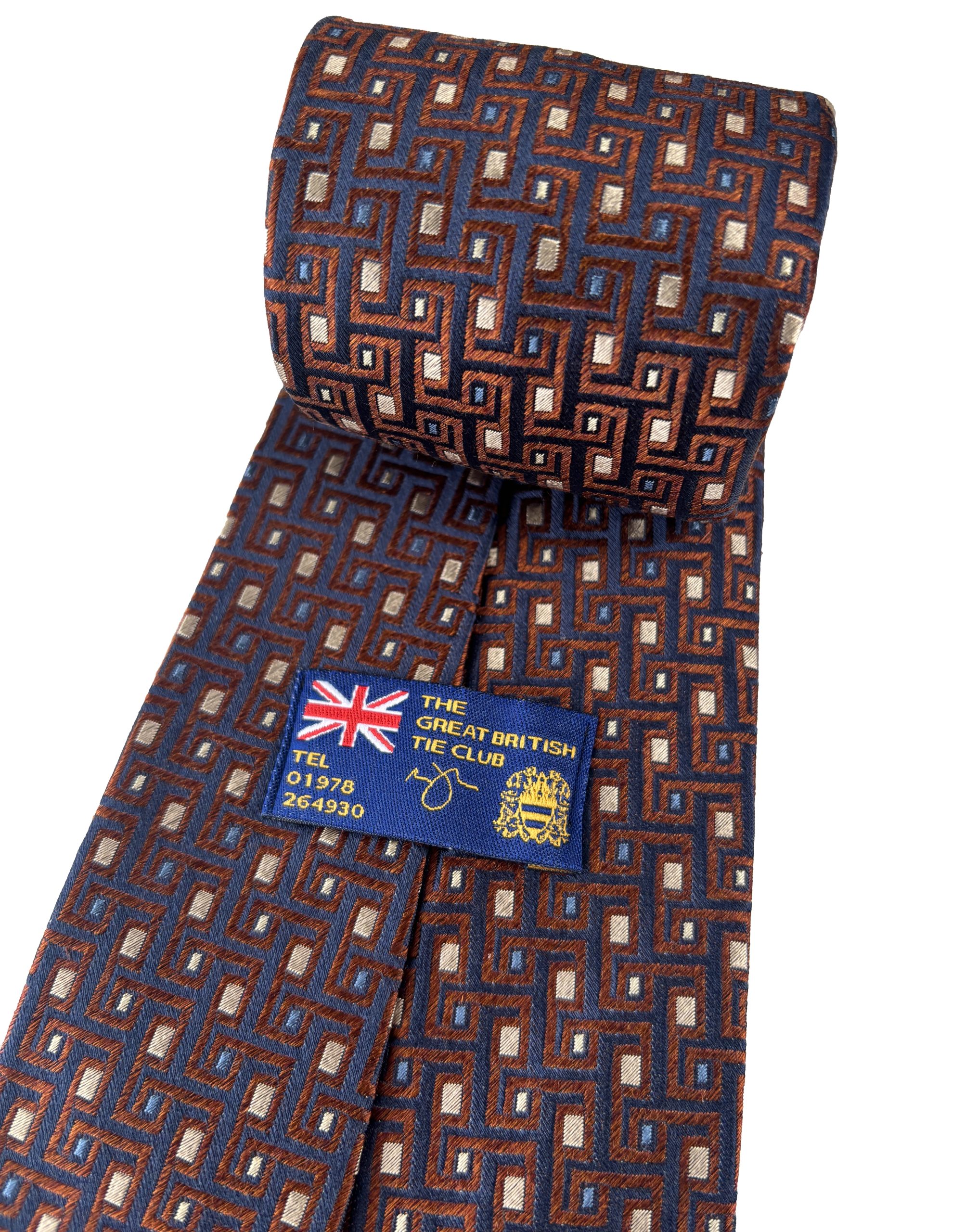 Navy Blue Kipper Tie with Copper Aztec Design and Tan Inlay Lethen Silk - Image 3