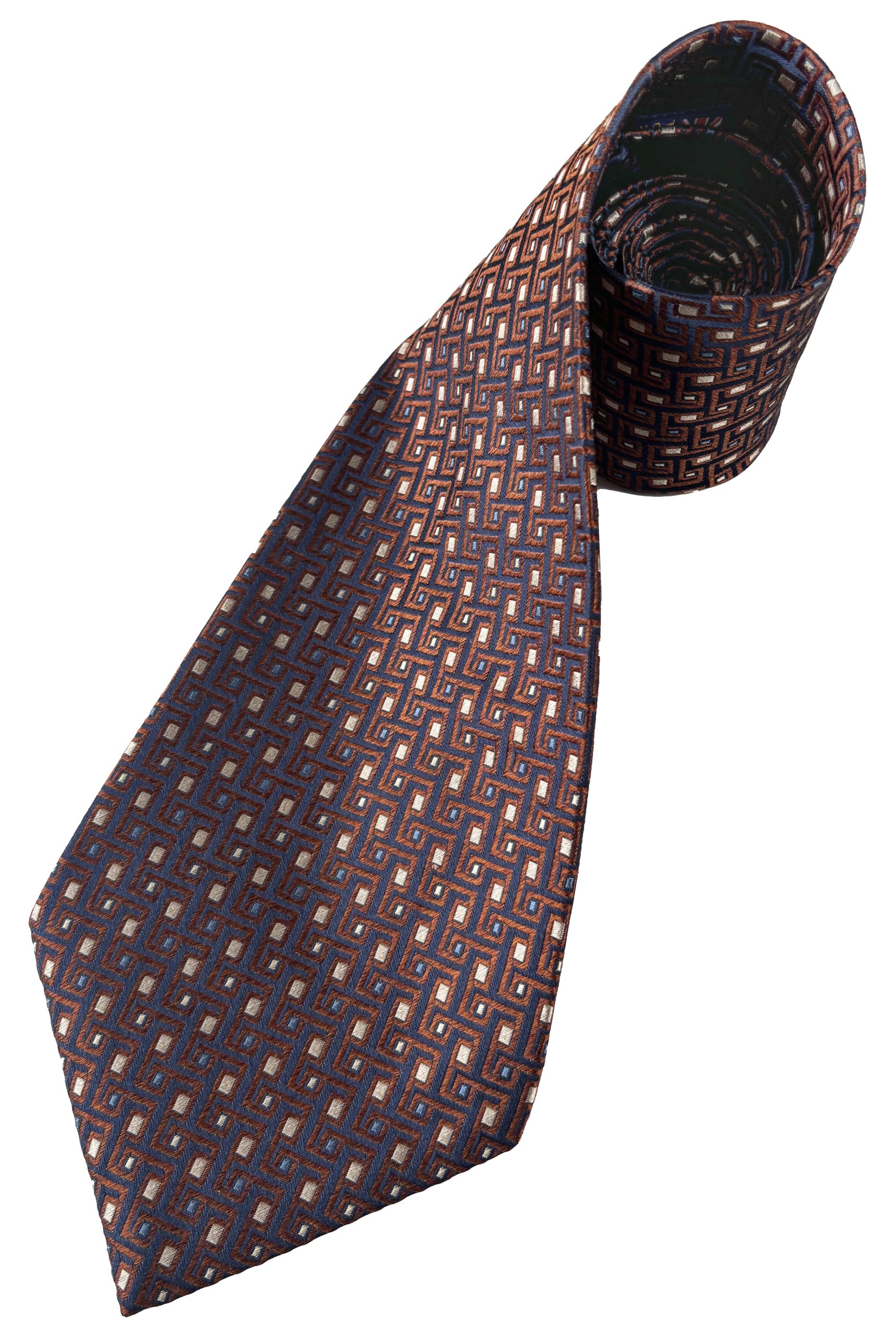 Navy Blue Kipper Tie with Copper Aztec Design and Tan Inlay Lethen Silk - Image 2