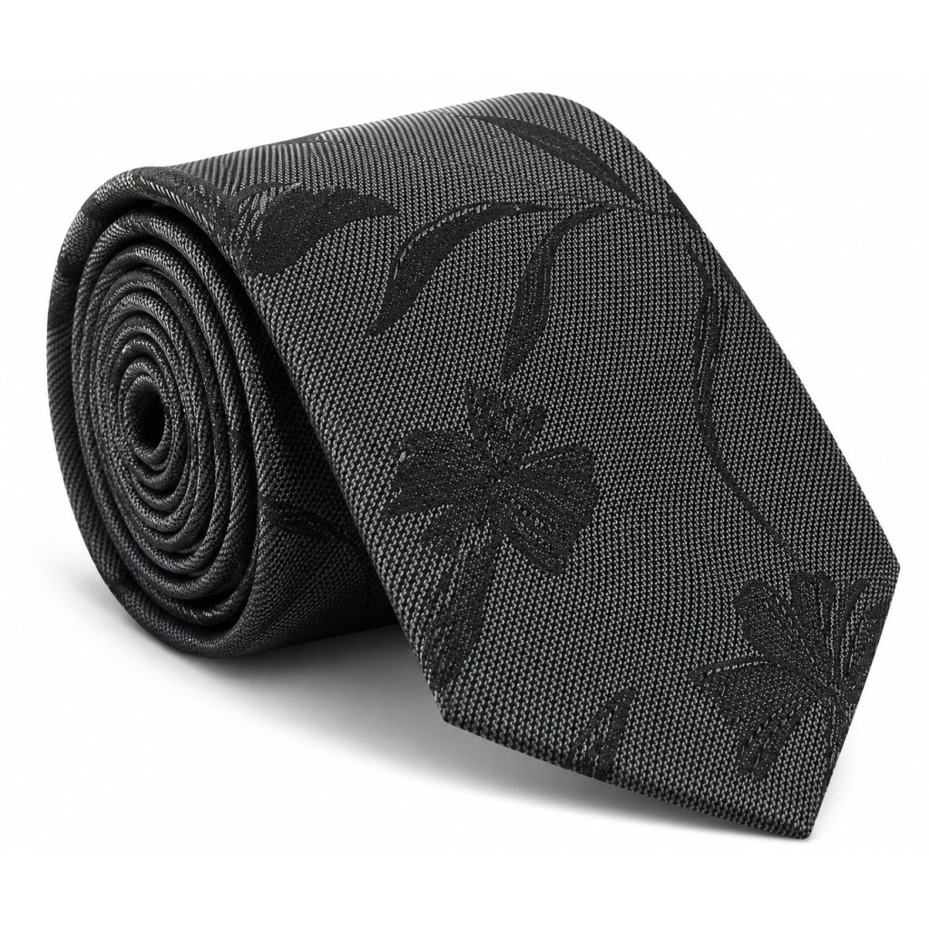 Slate with Black Flower Floral Pattern Skinny Tie