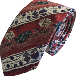 Red and Cream Floral Stripe Skinny Tie