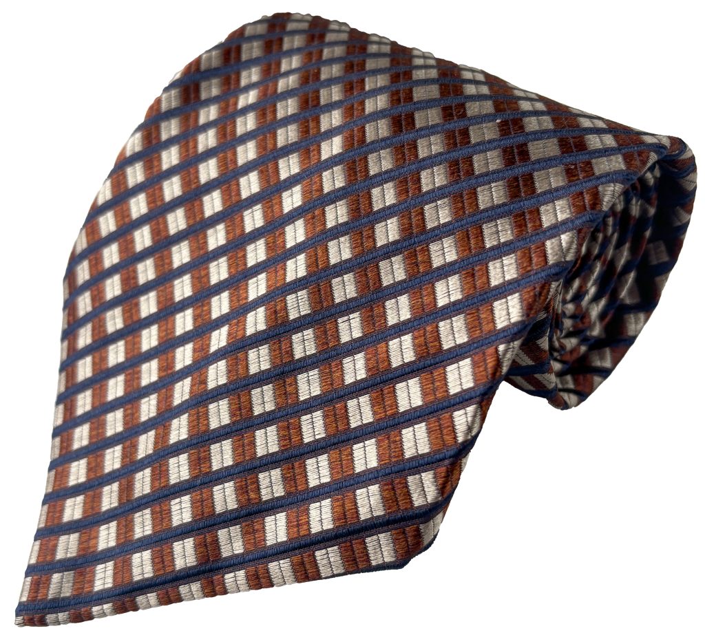 Copper Tan Kipper Tie with Navy Blue Stripe Lethen Silk